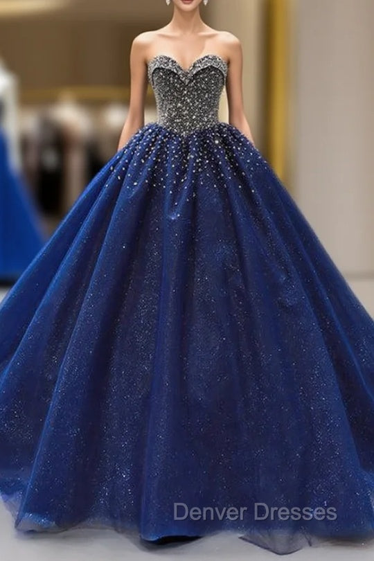 Dark Blue Tulle Sweetheart Beading Sequins Haute Couture Prom Dress