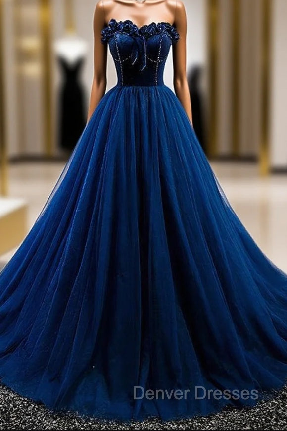 Dark Blue Tulle Velvet Beading Strapless Prom Dress