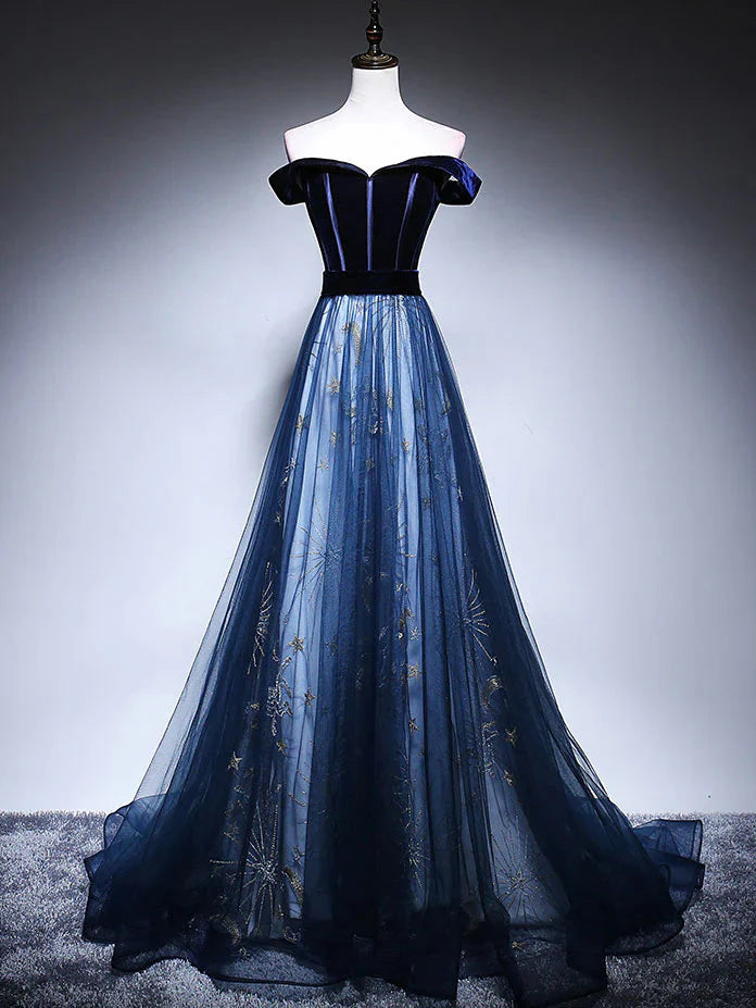 Dark Blue Tulle Velvet Long Prom Dress, Blue Evening Dress