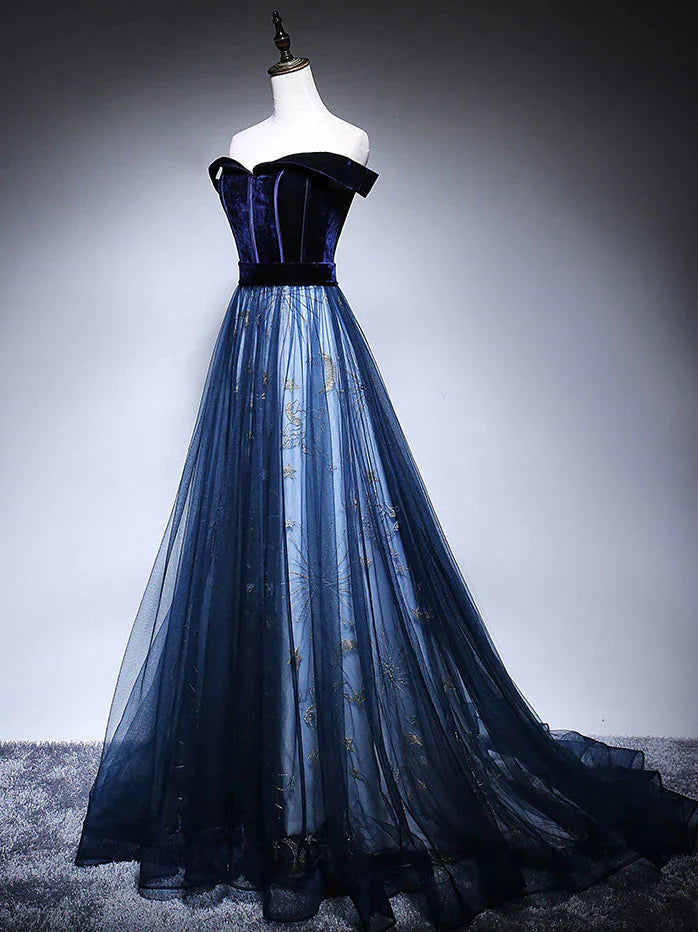 Dark Blue Tulle Velvet Long Prom Dress, Blue Evening Dress