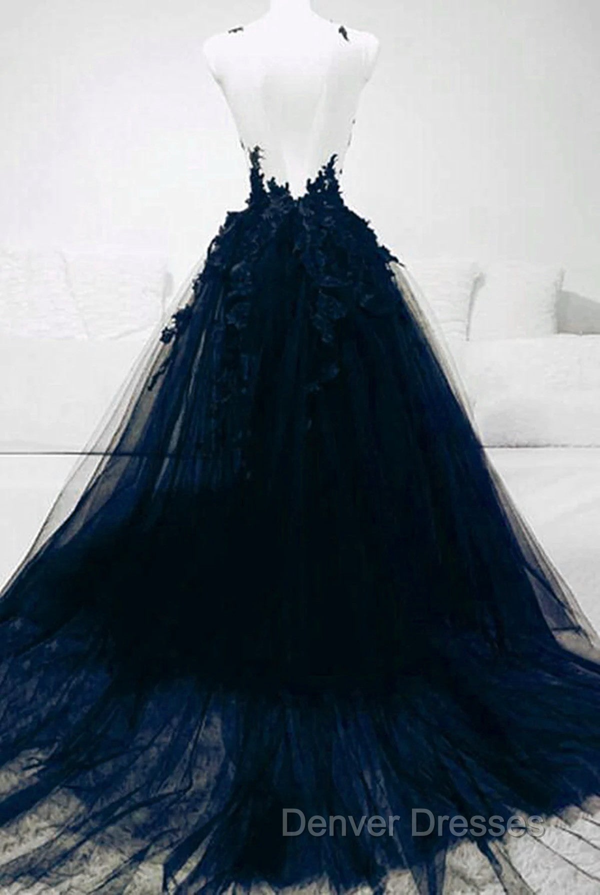 Dark Blue Tulle With Lace Long Evening Dress, A-line Dark Blue Prom Dress Secondary image