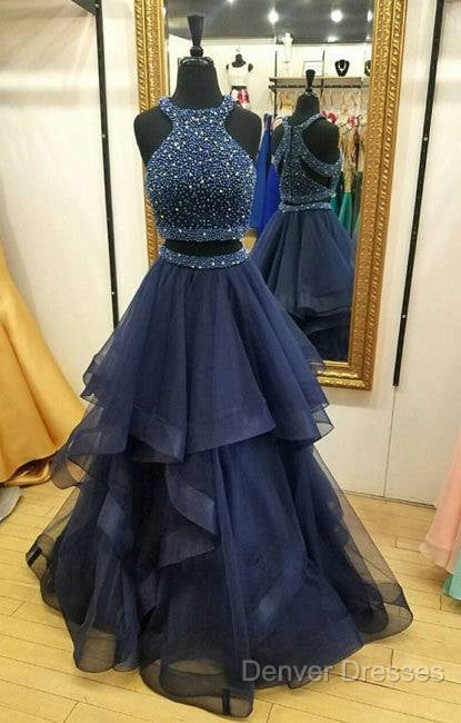Dark Blue Two Pieces Beads Long Prom Dress, Formal Dress Secondary image