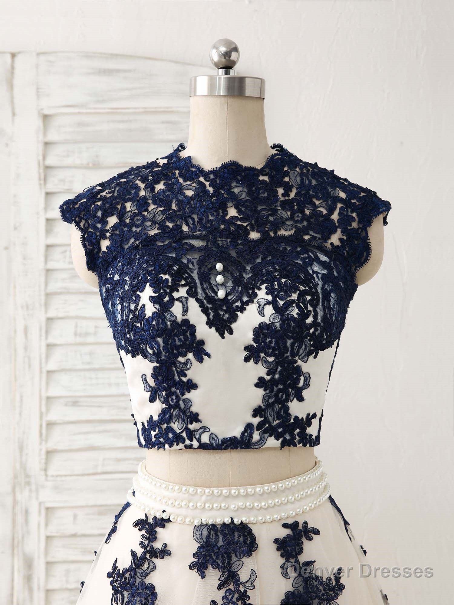 Dark Blue Two Pieces Lace Tulle Long Prom Dress Blue Evening Dress