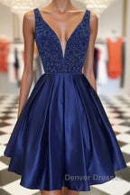 Dark blue v neck beads satin short prom Dress, blue homecoming Dress