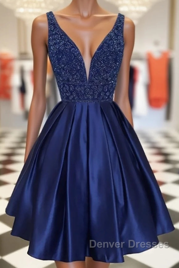 Dark blue v neck beads satin short prom Dress, blue homecoming Dress