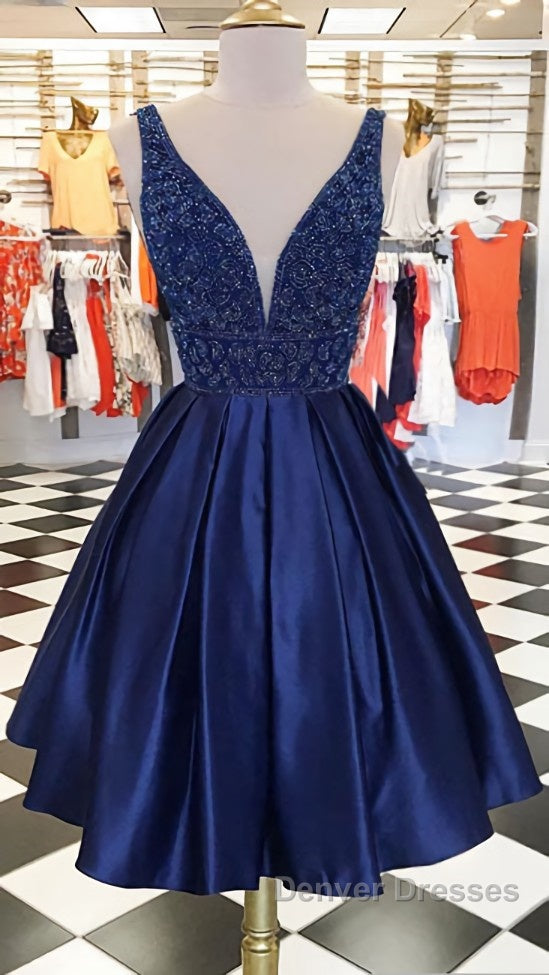 Dark blue v neck beads satin short prom Dress, blue homecoming Dress