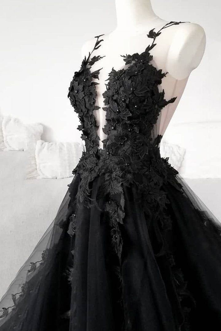 Classic Black Lace Tulle Long Prom Dress Black Evening Dress