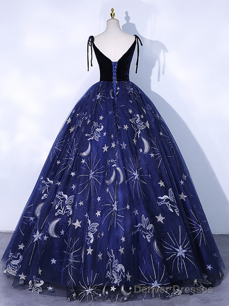 Dark Blue V Neck Tulle Long Prom Dress, Dark Blue Formal Evening Dress Secondary image