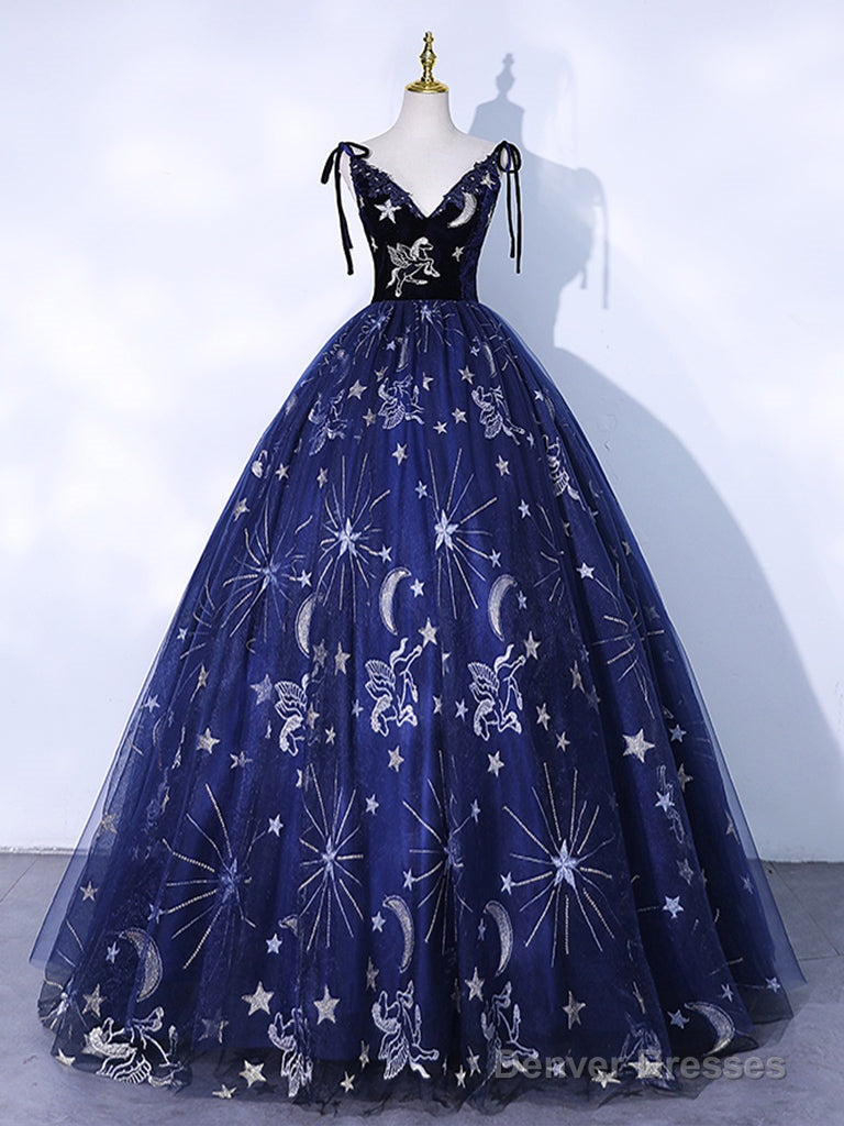 Dark Blue V Neck Tulle Long Prom Dress, Dark Blue Formal Evening Dress Main image