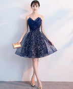 Dark Blue V Neck Tulle Sequin Short Prom Dress, Blue Homecoming Dress S94