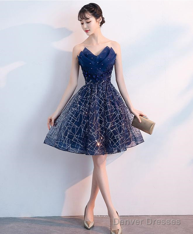 Dark Blue V Neck Tulle Sequin Short Prom Dress, Blue Homecoming Dress S94