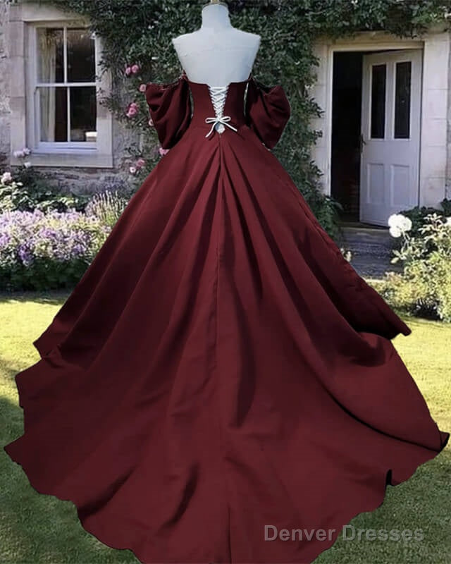 Dark Burgundy Puffy Sleeve Satin Ball Gown Dress Secondary image