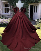 Dark Burgundy Puffy Sleeve Satin Ball Gown Dress