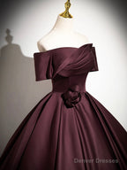 Dark Burgundy Satin Long Prom Dress, Elegant A-Line Off The Shoulder Evening Party Dress