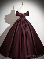 Dark Burgundy Satin Long Prom Dress, Elegant A-Line Off The Shoulder Evening Party Dress