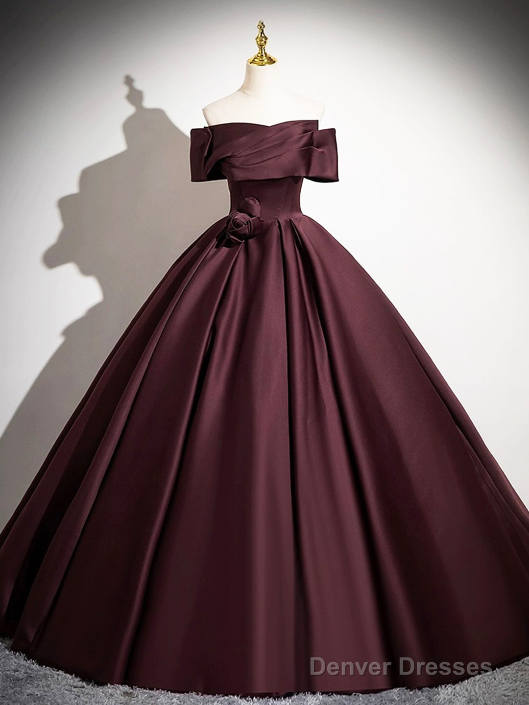 Dark Burgundy Satin Long Prom Dress, Elegant A-Line Off The Shoulder Evening Party Dress Main image