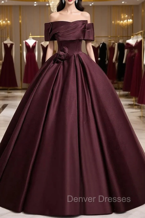 Dark Burgundy Satin Off the Shoulder Flower Prom Dress Main image