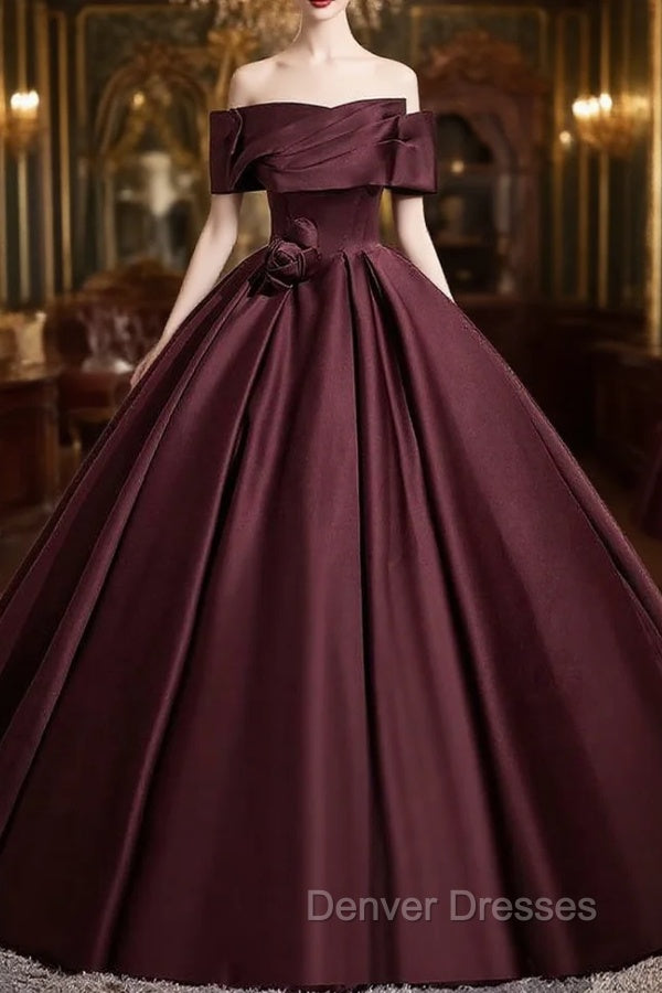 Dark Burgundy Satin Off the Shoulder Pleats Prom Dress Main image