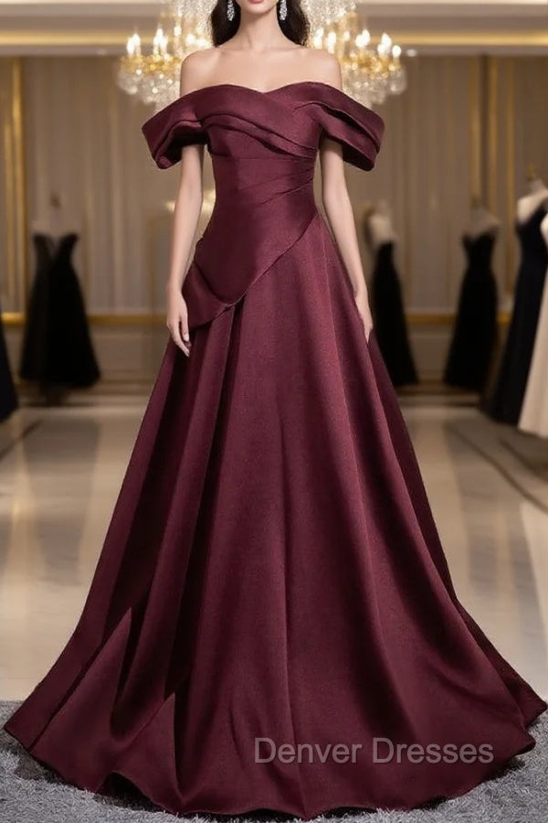 Dark Burgundy Satin Pleats Prom Dress Main image