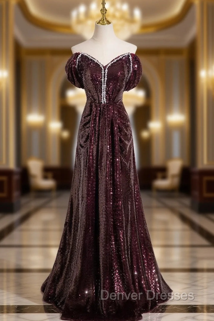 Dark Burgundy Sequins Off the Shoulder Prom Dress Main image