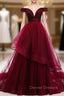 Dark Burgundy Tulle Off the Shoulder Beading prom Dress