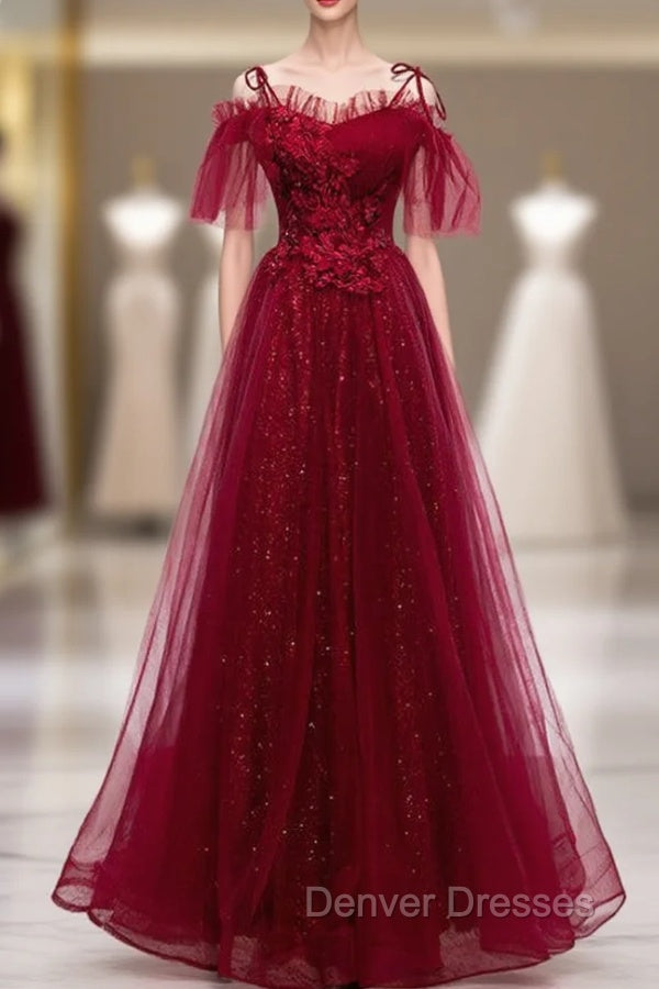 Dark Burgundy Tulle Spaghetti Straps Appliques Beading Prom Dress Main image