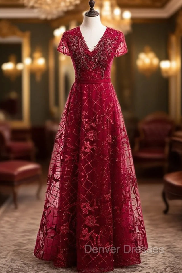 Dark Burgundy Tulle V-neck Cap Sleeve Beading Prom Dress