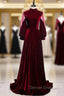 Dark Burgundy Velvet High Neck Long Sleeve Prom Dress With Bow