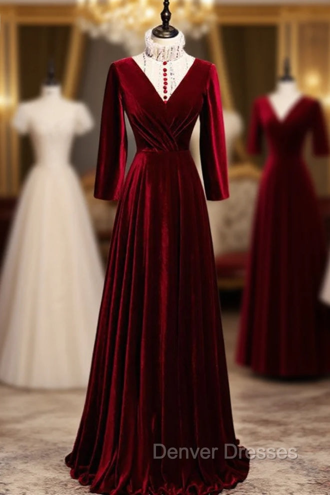 Dark Burgundy Velvet High Neck Long Sleeve Prom Dress Main image