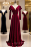Dark Burgundy Velvet Long Sleeve V-neck Button Prom Dress