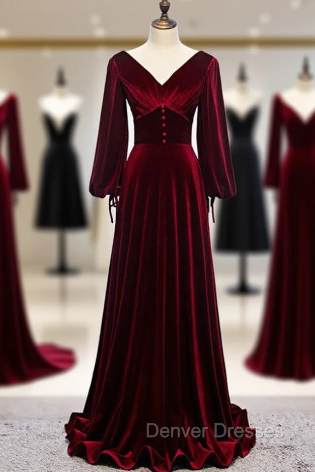Dark Burgundy Velvet Long Sleeve V-neck Pleats Prom Dress Main image
