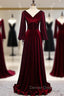 Dark Burgundy Velvet Long Sleeve V-neck Pleats Prom Dress
