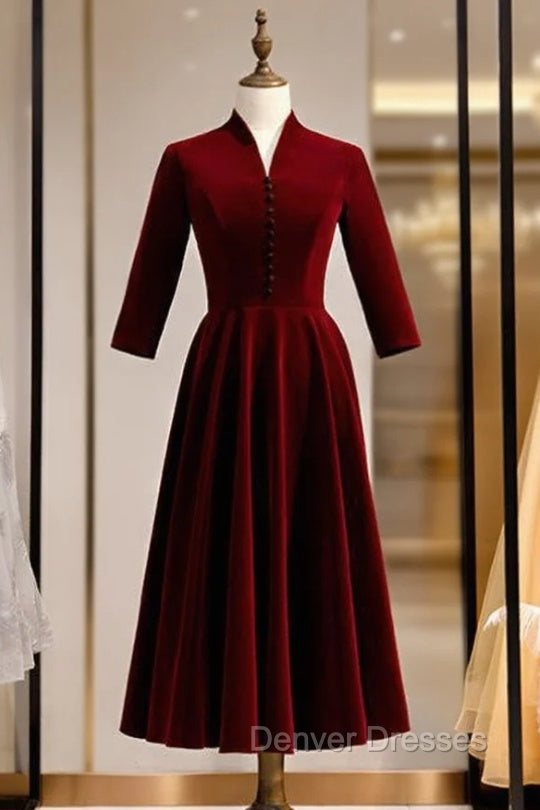 Dark Burgundy Velvet Short Sleeve Short Prom Dress With Bow