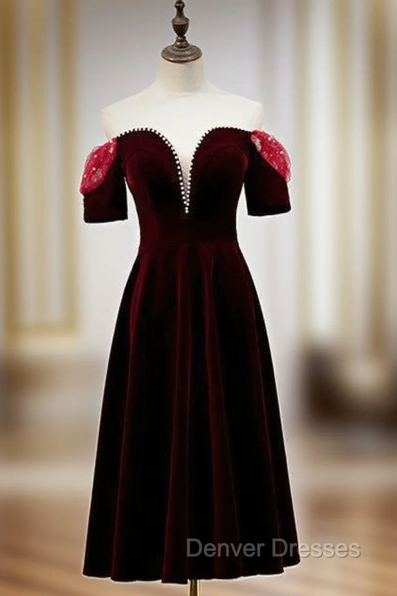 Dark Burgundy Velvet Short Sleeve Tea Length Prom Dress Main image