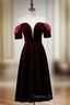 Dark Burgundy Velvet Short Sleeve Tea Length Prom Dress