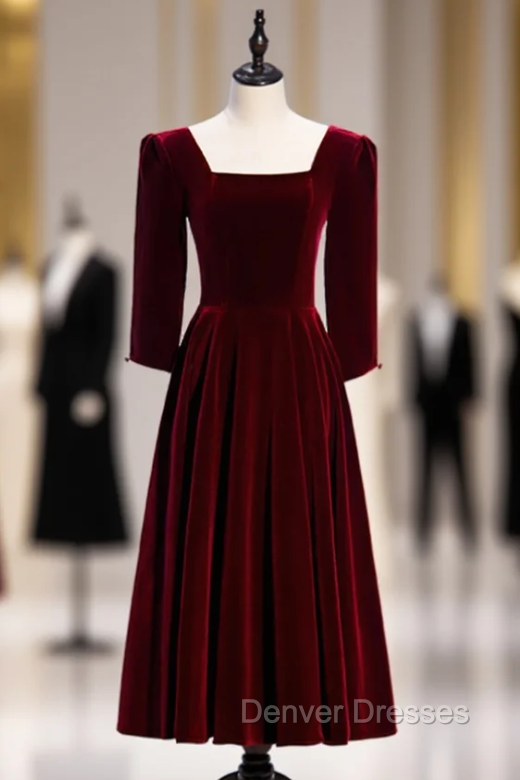 Dark Burgundy Velvet Square Half Sleeve Tea Length Prom Dress Main image