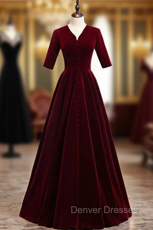 Dark Burgundy Velvet V-neck Short Sleeve Prom Dress Main image