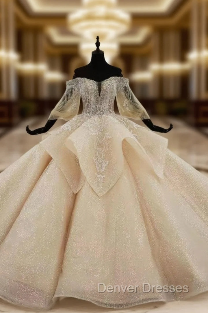 Dark Champagne Tulle Off the Shoulder Puff Sleeve Beading Wedding Dress