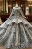 Dark Gray Ball Gown Tulle Embroidery Appliques Long Sleeve Wedding Dress
