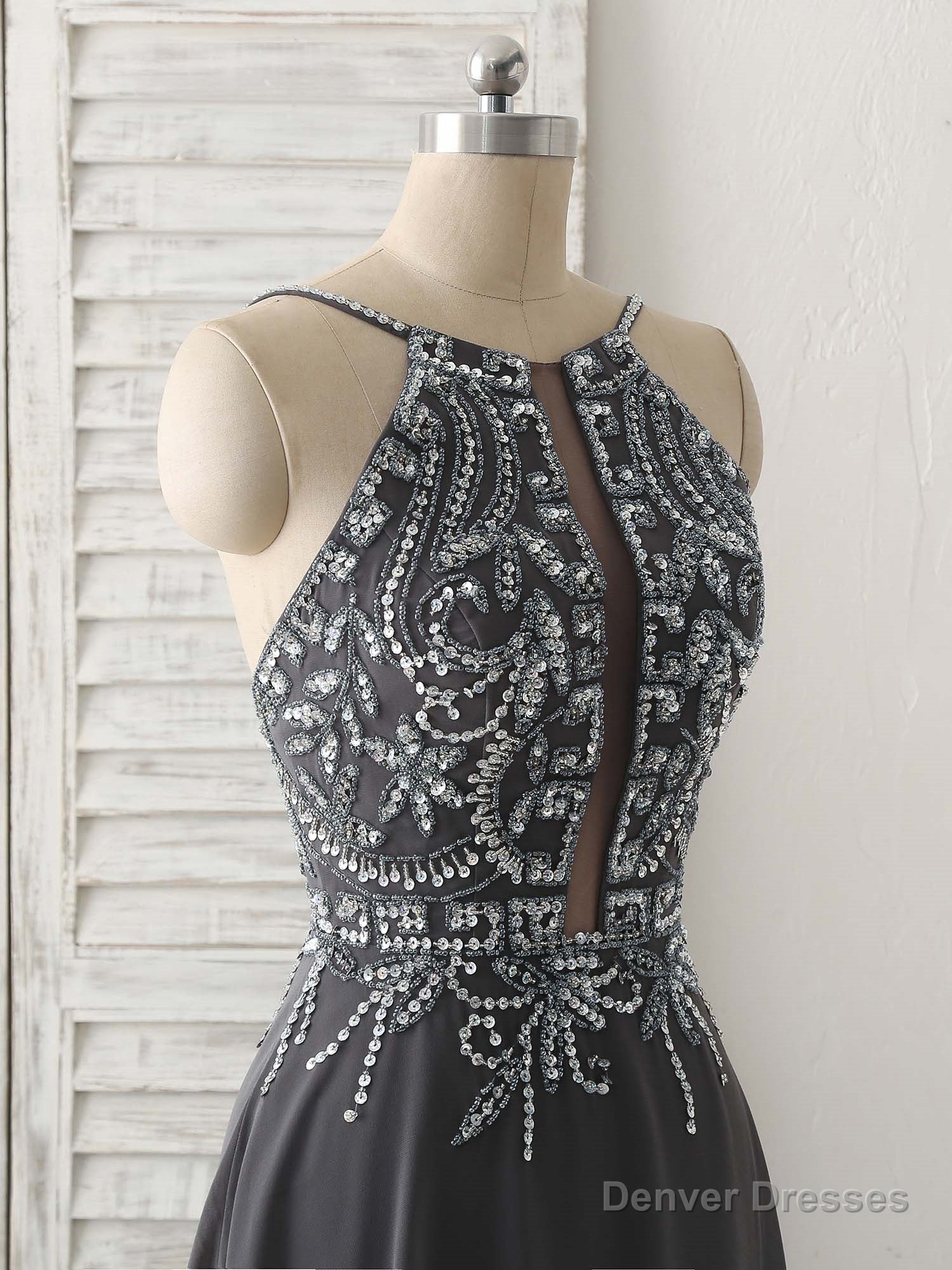 Dark Gray Sequin Beads Long Prom Dress Backless Evening Dress Secondary image