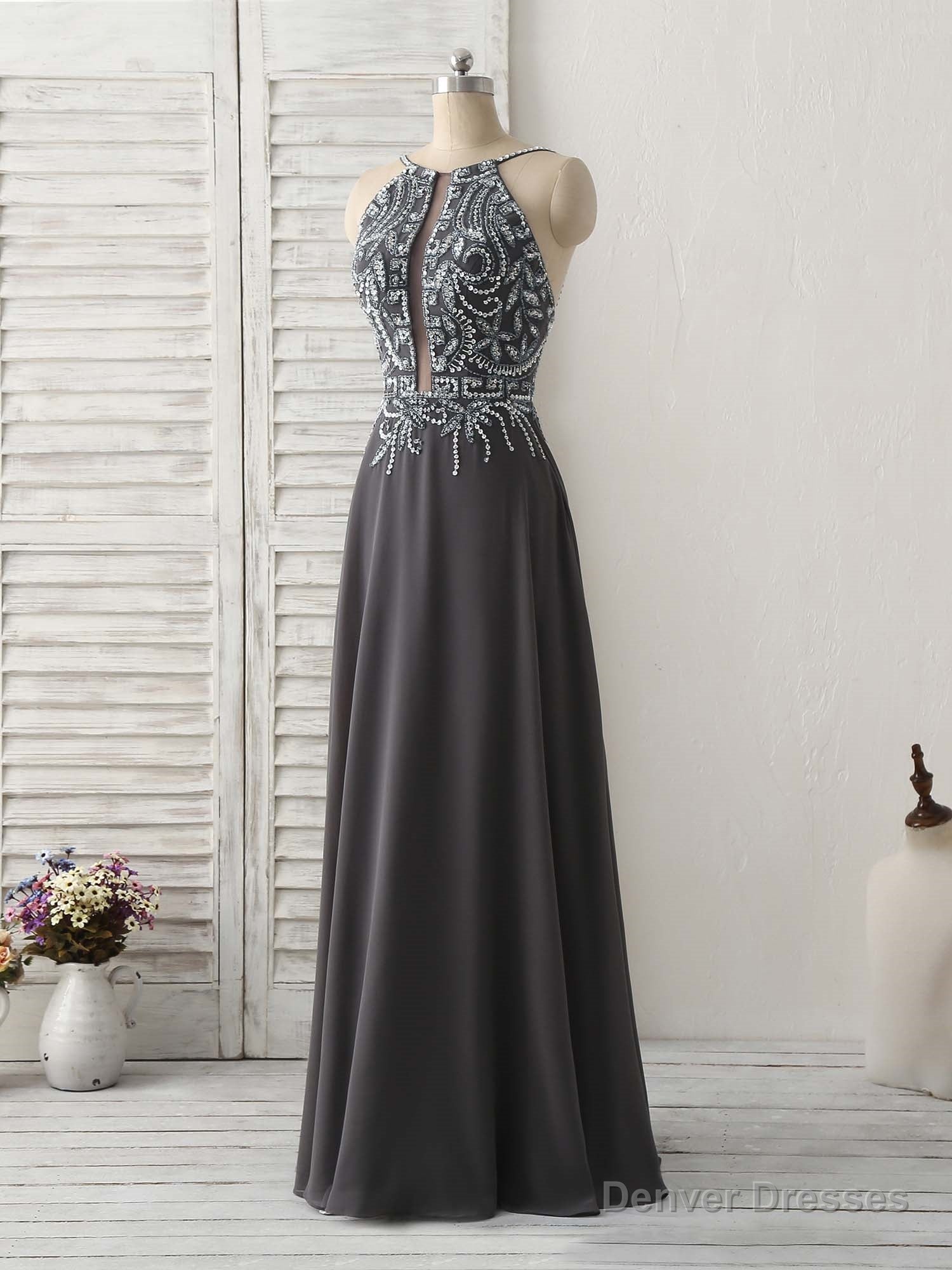 Dark Gray Sequin Beads Long Prom Dress Backless Evening Dress Main image