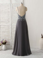 Dark Gray Sequin Beads Long Prom Dress Backless Evening Dress