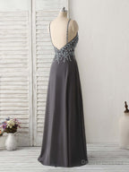 Dark Gray Sequin Beads Long Prom Dress Backless Evening Dress