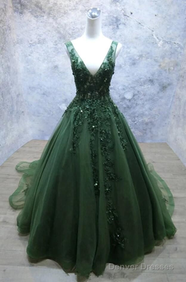 Dark Green A Line Backless Prom Dresses V Neck Appliqued Beaded Formal Dress Secondary image