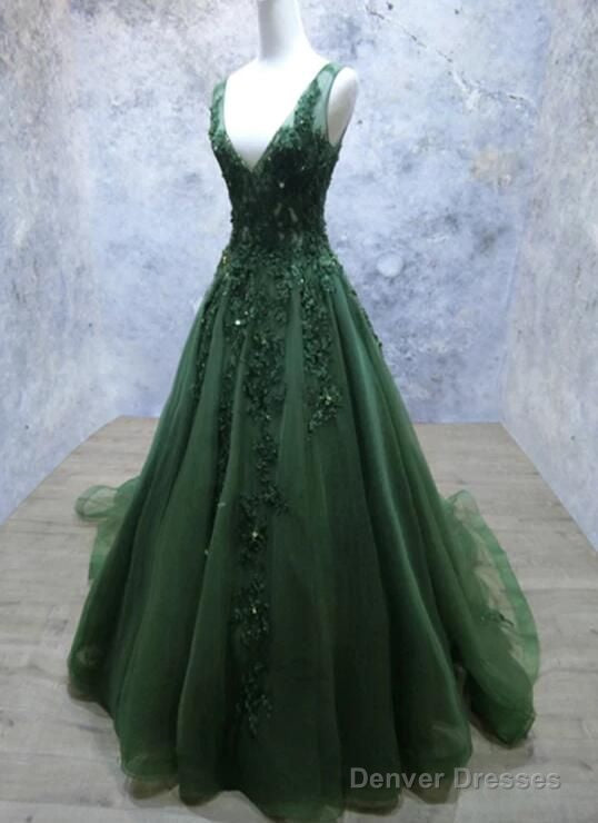 Dark Green A Line Backless Prom Dresses V Neck Appliqued Beaded Formal Dress Main image