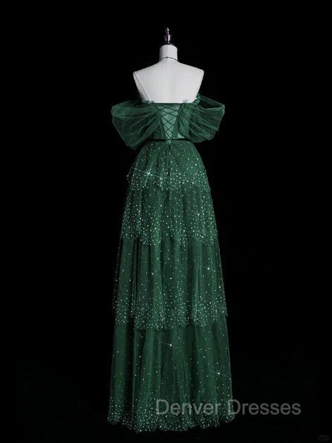 Dark Green A Line Off-the-shoulder Layered Shiny Tulle Prom Dress Secondary image
