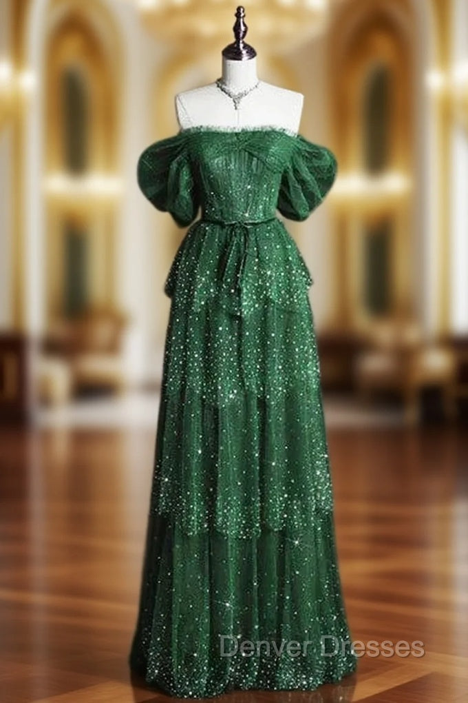 Dark Green A Line Off-the-shoulder Layered Shiny Tulle Prom Dress Main image