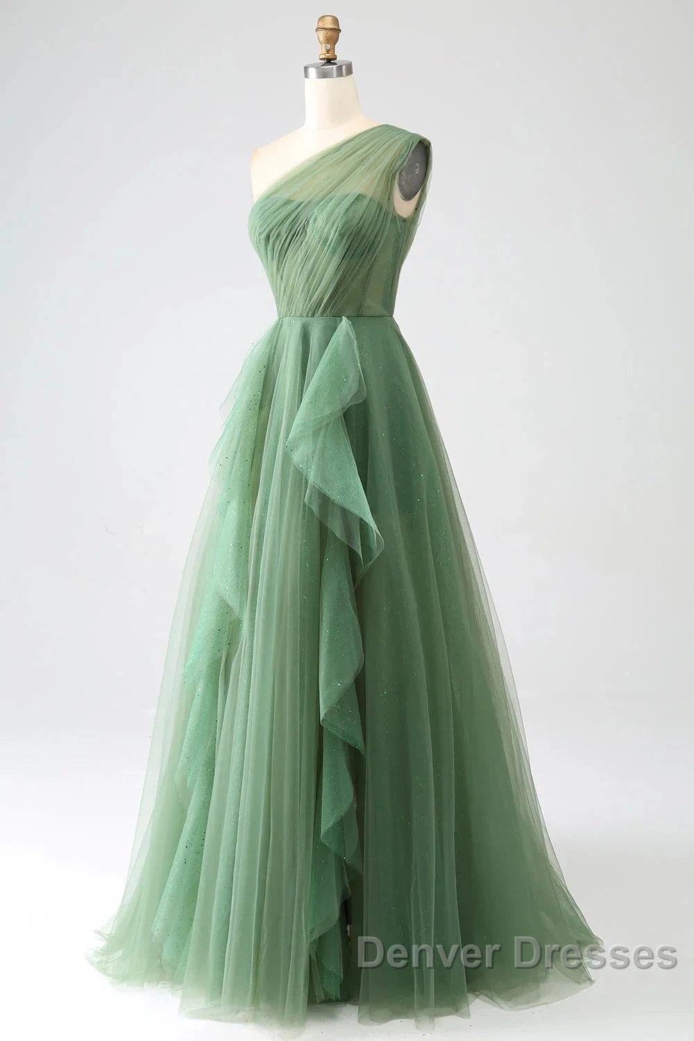 Dark Green A-Line One-Shoulder Sequins Tulle Long Prom Dress Secondary image