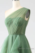 Dark Green A-Line One-Shoulder Sequins Tulle Long Prom Dress