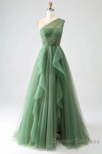 Dark Green A-Line One-Shoulder Sequins Tulle Long Prom Dress